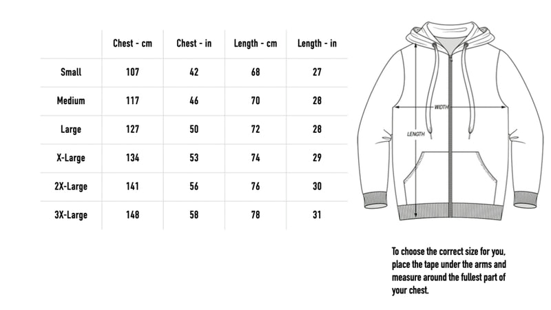 Size chart for Necropolitan Hoodie Bundle V2